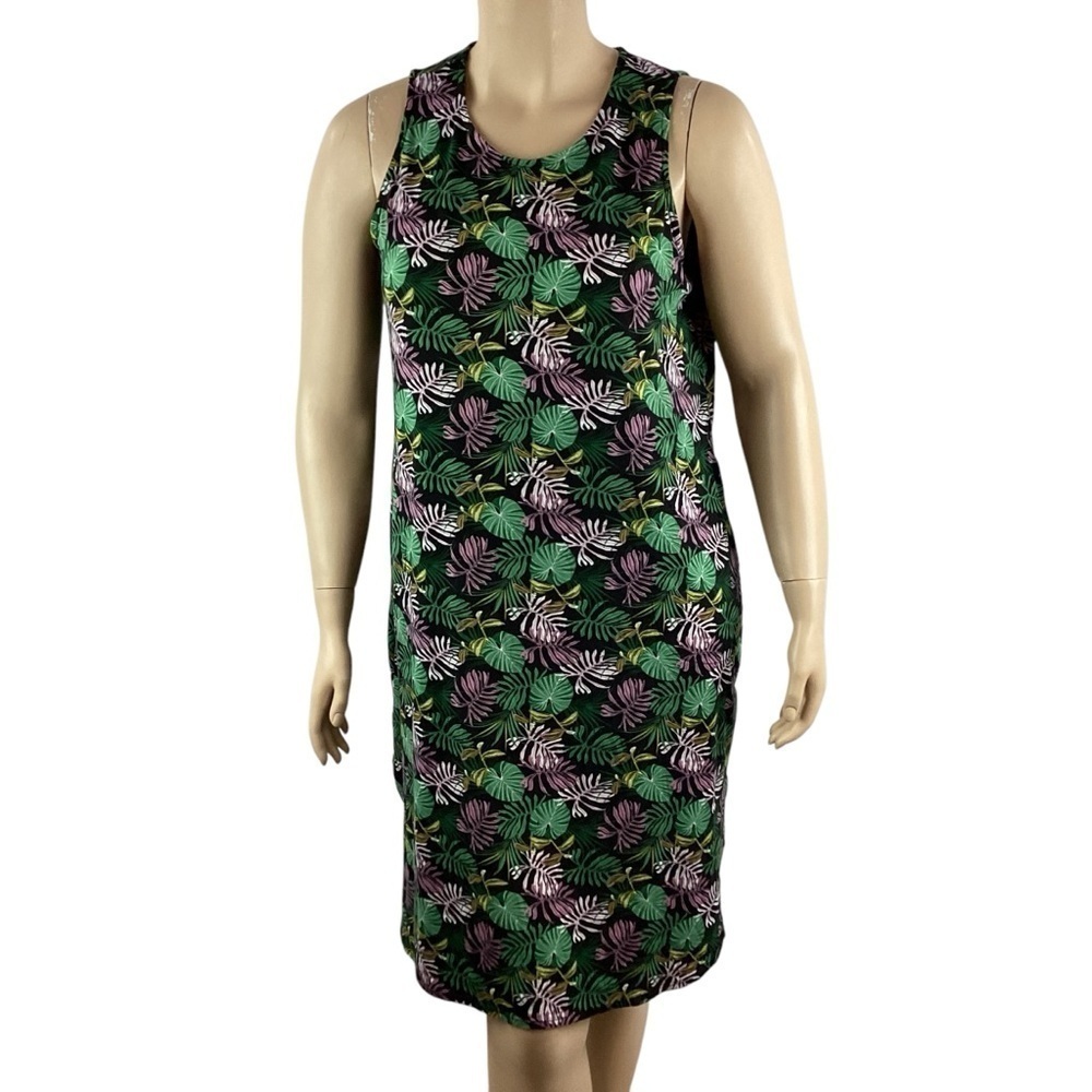 Cynthia Rowley Tropical Print Tank Dress 1X Green Purple Leaves